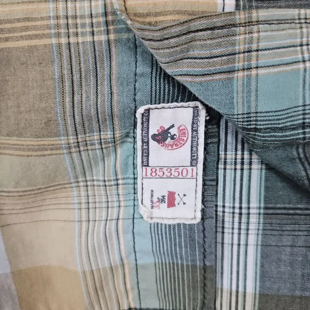 Levi's Green & Yellow Plaid‎ Pearl Snap Shirt Size Large Short Sleeves White Tab